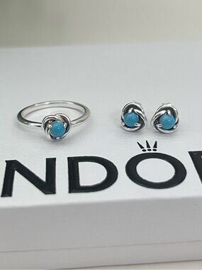 NWT Pandora Circle Turquoise Ring & Stud Earrings Set, 925